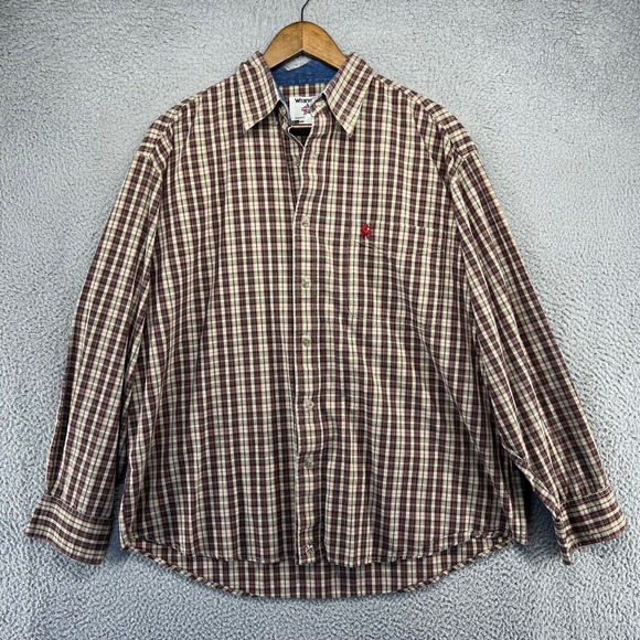 Wrangler PBR Shirt Men's Extra Large Beige Green Red Check Rodeo Western Cotton - Picture 1 of 11